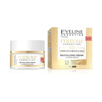 Creme revitalizante Eveline Cosmetics Contour Correction 50+ em frasco de vidro e caixa