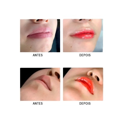 Comparação de lábios antes e depois da aplicação de batom vermelho brilhante.