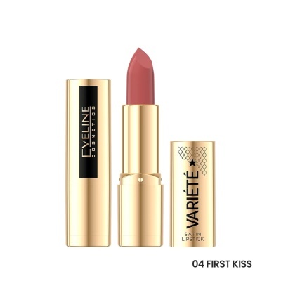 Batom rosa nude em embalagem dourada com texto EVELINE COSMETICS e VARIÉTÉ SATIN LIPSTICK 04 FIRST KISS