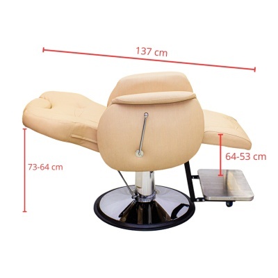 Cadeira reclinável de barbear bege com base metálica cromada e apoio para pés