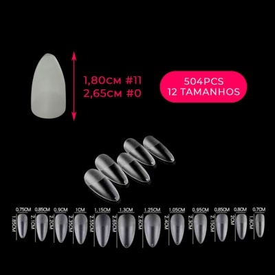 Conjunto de unhas postiças transparentes em vários tamanhos e descrição das medidas