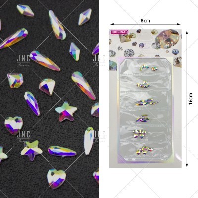 pedras decorativas acrílicas iridescentes para unhas em várias formas e embalagem com texto ORIGINAL