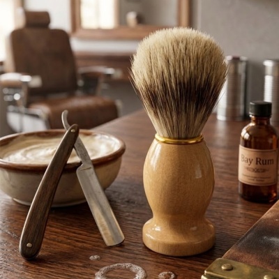 Conjunto de barbear vintage com pincel, navalha, tigela e frasco Bay Rum sobre mesa de madeira