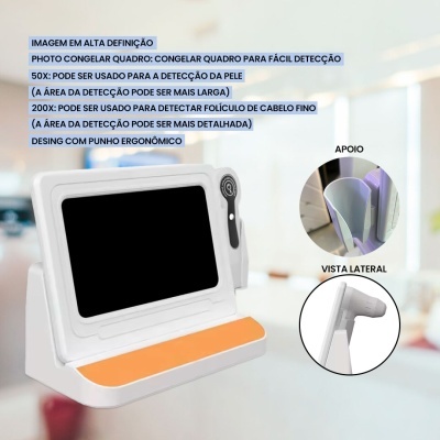 Dispositivo branco com ecrã e base laranja para inspeção com texto descritivo