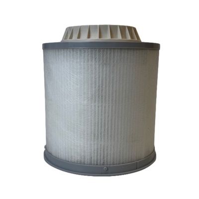 Filtro cilíndrico branco com bordas cinza e ranhuras no topo