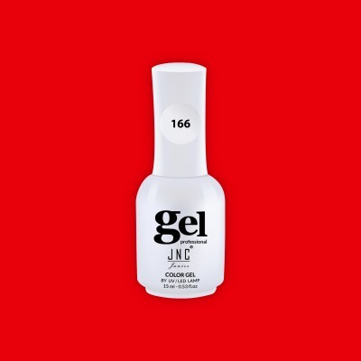 Frasco branco de verniz gel para unhas JNC com número 166 em fundo vermelho