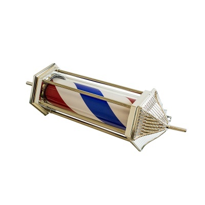 Barbearia tradicional com estrutura metálica prateada e padrão em espiral vermelho, branco e azul