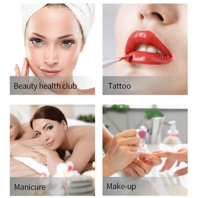 Colagem de imagens de rosto, lábios com batom, pessoa para manicure, mãos sendo cuidadas