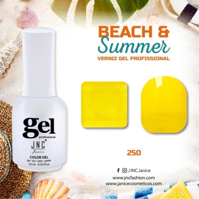 Frasco branco de verniz gel JNC com amostras amarelas em fundo de praia com conchas