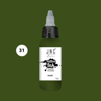 Frasco de tinta para tatuagem JNC Olive com etiqueta branca e fundo verde