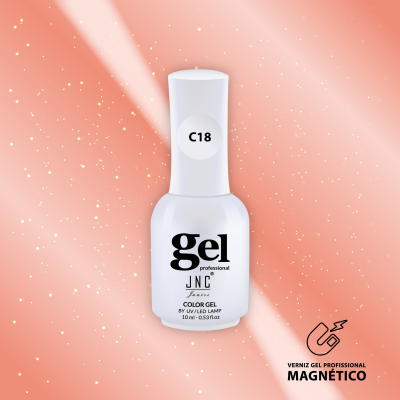 Frasco branco de verniz gel JNC C18 com fundo rosa brilhante e ícone magnético