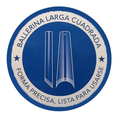 Selo azul redondo com texto em espanhol e ilustrações de moldes de unha