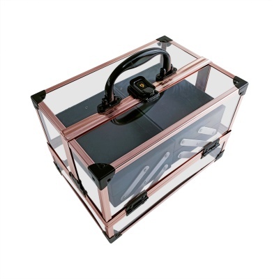 Caixa organizadora transparente com estrutura metálica cobre e pega preta