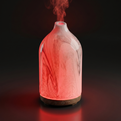 Difusor de aroma em vidro com luzes vermelhas e base de madeira