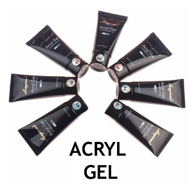 Sete tubos pretos de Acryl Gel para unhas dispostos em círculo sobre fundo branco.