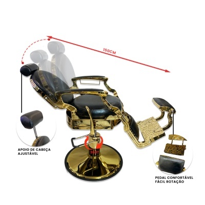 Cadeira de barbeiro dourada com estofos pretos e apoio de cabeça ajustável
