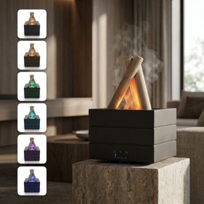 Humidificador decorativo preto com efeito de lenha com chama, botões com luz azul, na sala