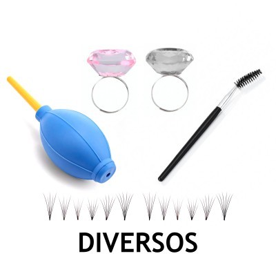Argolas decorativas, pera de borracha, escova de pestanas e tufos de pestanas artificiais sobre fundo branco com texto DIVERSOS.