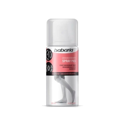 Frasco de desodorizante spray para pés Babaria com etiqueta rosa