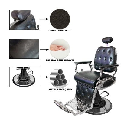 cadeira de barbeiro em couro sintético preto com metal reforçado