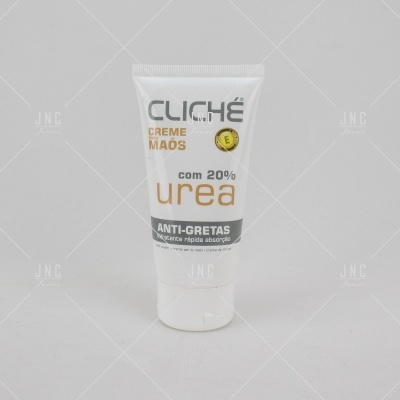 Embalagem de creme para mãos branco com texto Cliché Creme Mãos 20% Urea