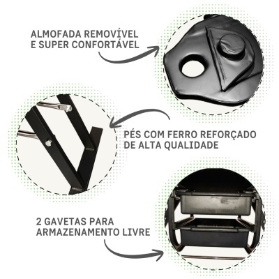 Detalhes de produto com almofada preta, estrutura de ferro preta e gavetas para armazenamento