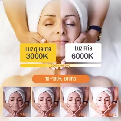 Mulher recebendo massagem facial sob luz quente e fria com diferentes níveis de brilho