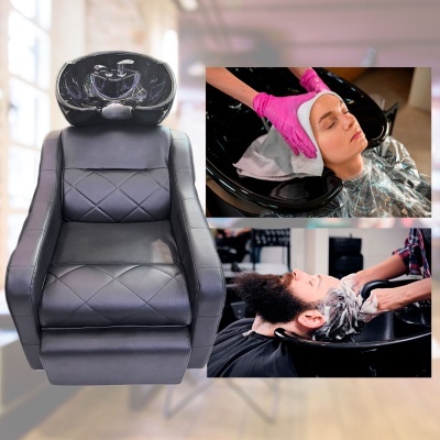 Lavatório de cabeleireiro preto em couro com duas imagens de pessoas a lavar cabelo