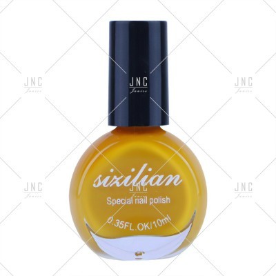 Frasco redondo amarelo de esmalte de unhas com tampa preta e texto branco