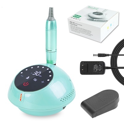 Conjunto de ferramenta elétrica azul clara com base redonda, caneta, cabo, pedal e caixa