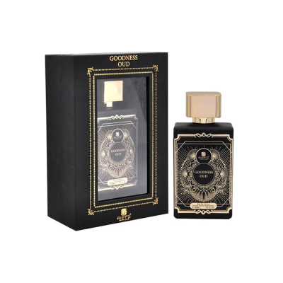Frasco de perfume preto com detalhes dourados ao lado da sua caixa preta com texto GOODNESS OUD