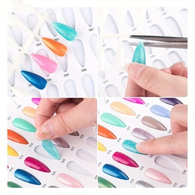 Amostras de unhas artificiais coloridas numeradas em placas brancas com mão a selecionar
