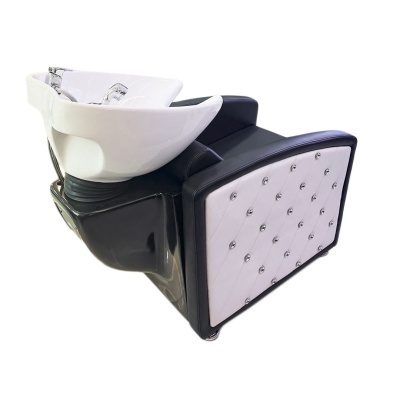 Cadeira de lavatório de cabeleireiro preta e branca com cuba de cerâmica