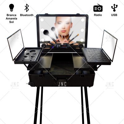 Mala de maquilhagem preta com espelho iluminado e funcionalidade Bluetooth, rádio e USB