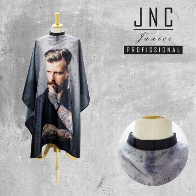 Capa de cabeleireiro preta e cinzenta com imagem impressa de homem tatuado