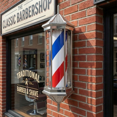 Poste de barbear tradicional com listras vermelhas, brancas e azuis montado numa parede de tijolos vermelhos junto a uma barbearia