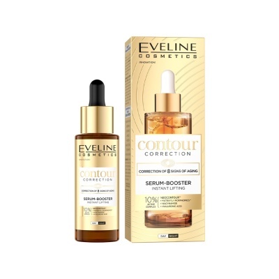 Frasco de sérum com conta-gotas e caixa de packaging da marca Eveline Cosmetics