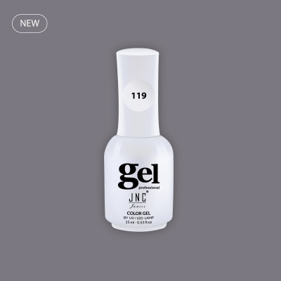 Frasco branco de verniz gel unhas com rótulo 119 e texto JNC Paris