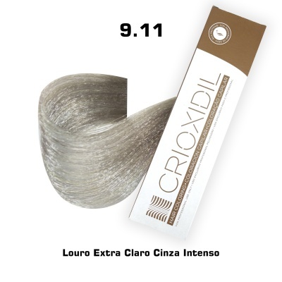 Tubo de coloração capilar Crixidil 9.11 Louro Extra Claro Cinza Intenso com amostra de cabelo