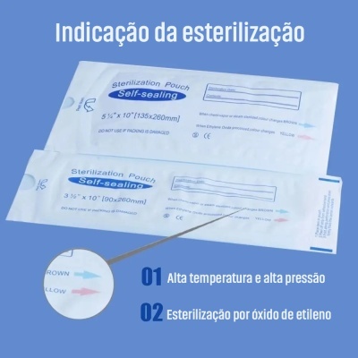 Pacotes de esterilização auto-selantes em branco e azul com texto, fundo azul e instruções