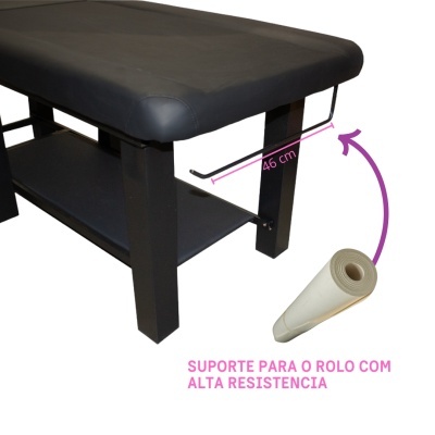 Banco preto com almofada e suporte metálico para rolo