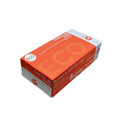 Caixa laranja e branca de luvas de vinilo sem pó tamanho M