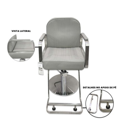 Cadeira de salão cinza com base metálica e rodas