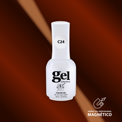 Frasco branco de verniz gel profissional magnético JNC com texto e código C24