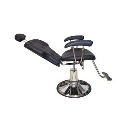 Cadeira reclinável preta com base cromada para salão ou barbearia