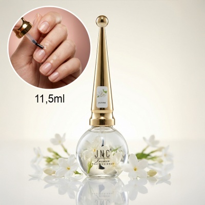 Frasco de verniz de unhas com tampa dourada e flores brancas no interior.