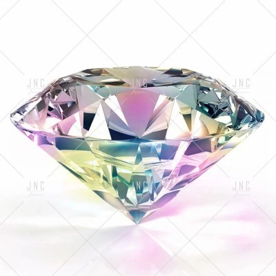 Diamante facetado transparente com reflexos coloridos sobre fundo branco