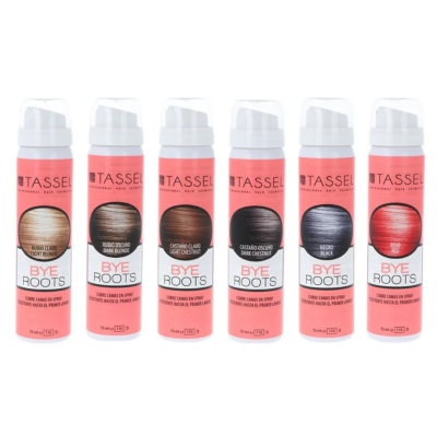 Seis latas de spray para retoque de raiz capilar TASSEL BYE ROOTS em várias cores com tampas brancas