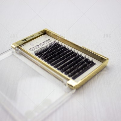 Caixa dourada de extensões de pestanas com tampa transparente e texto visível