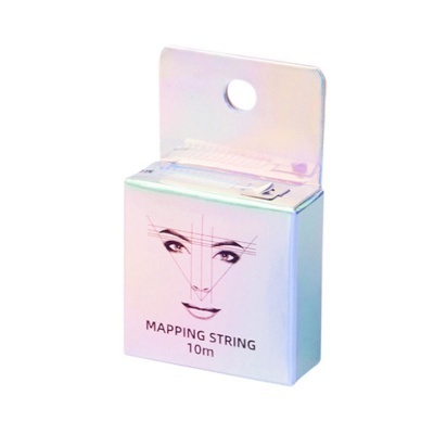 Embalagem branca iridescente de fio para mapeamento facial com texto e rosto desenhado
